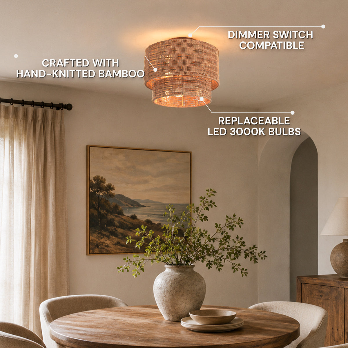 Cavana Rattan Tiered Round Flush Mount 15.7"D