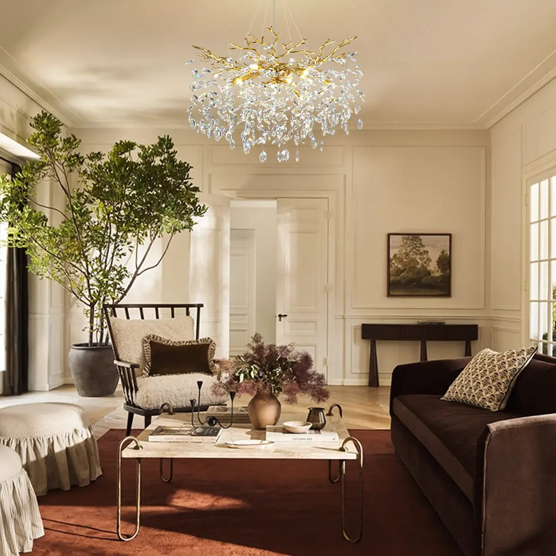 Frostleaf Crystal Cascade Branch Round Chandelier 30"