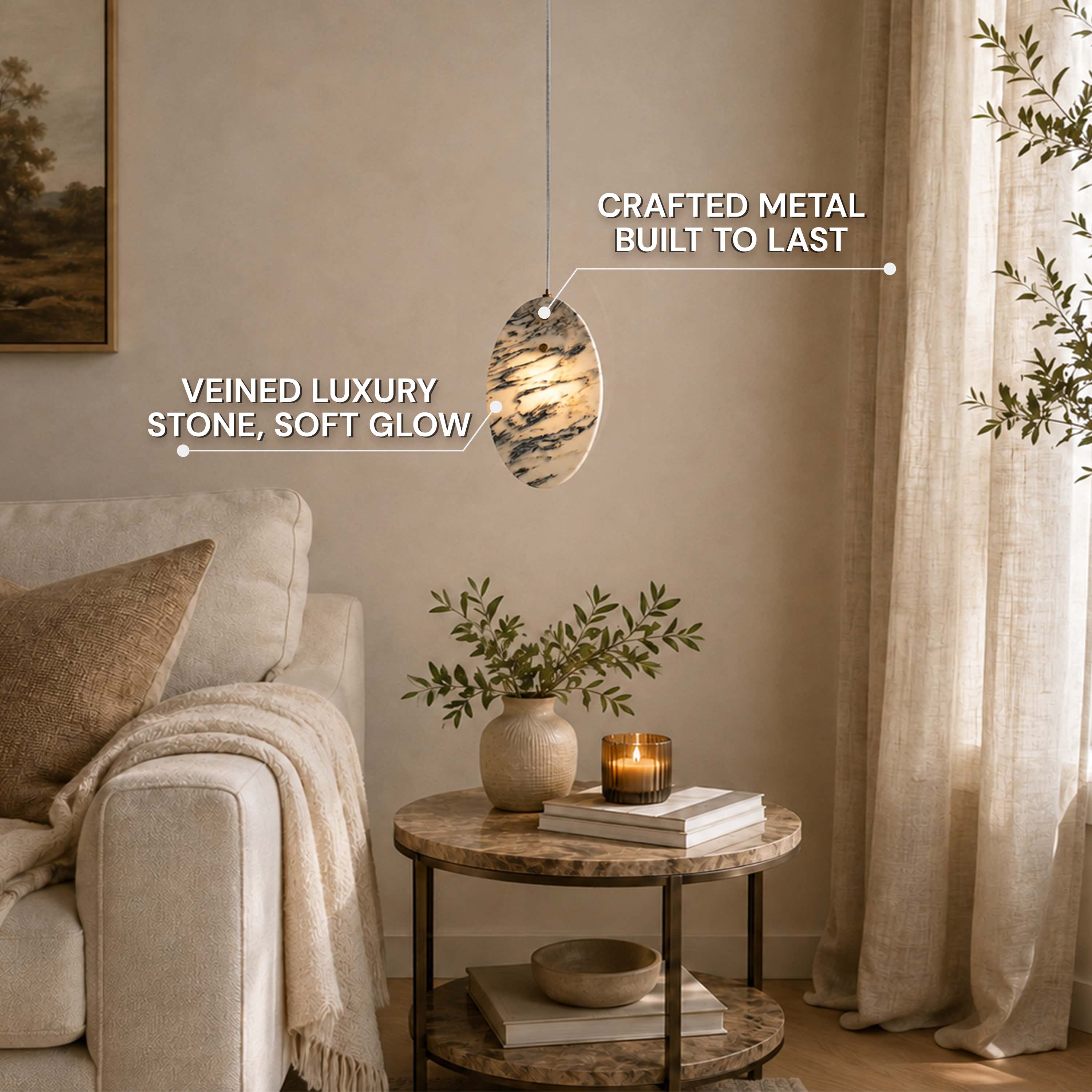 Pietra Eastern White Stone Oval Pendant 10"H