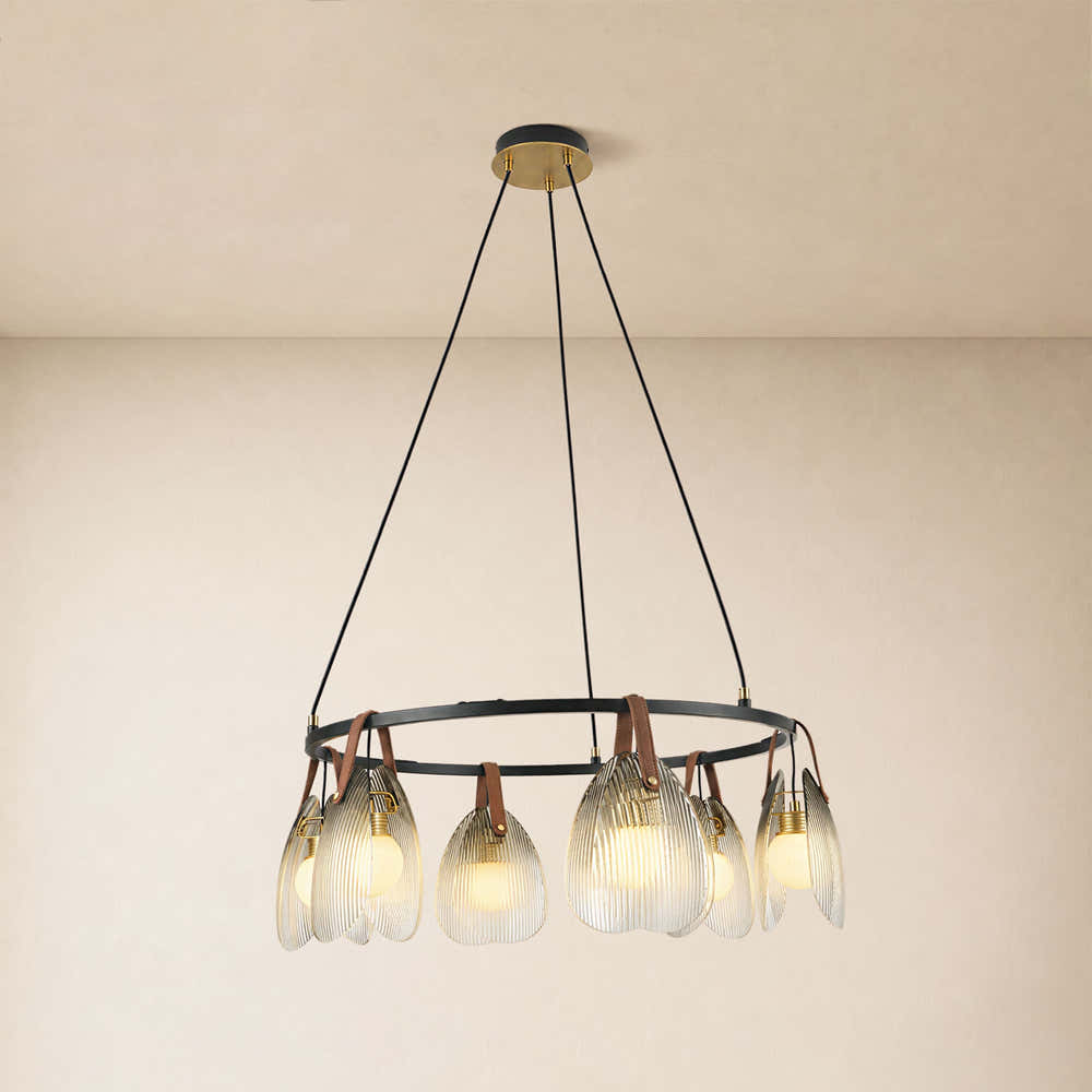 Veyra Shell Glass Leather Round Chandelier 27"D#Finish_Black