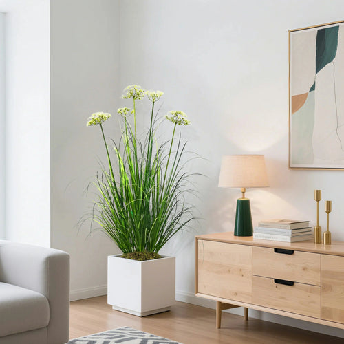 Artificial 5-Head Lace Flower with Curved Onion Grass Bonsai 43"H