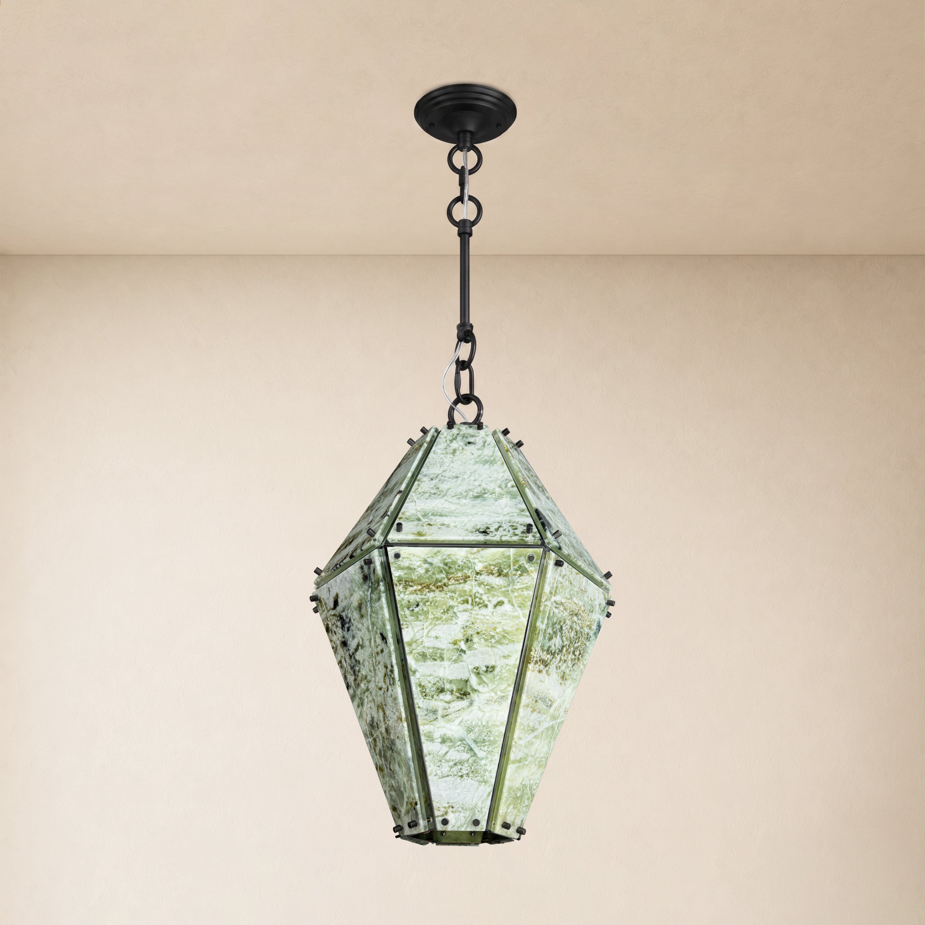 Pietra Green Marble Faceted Lantern Chandelier 13.7"D