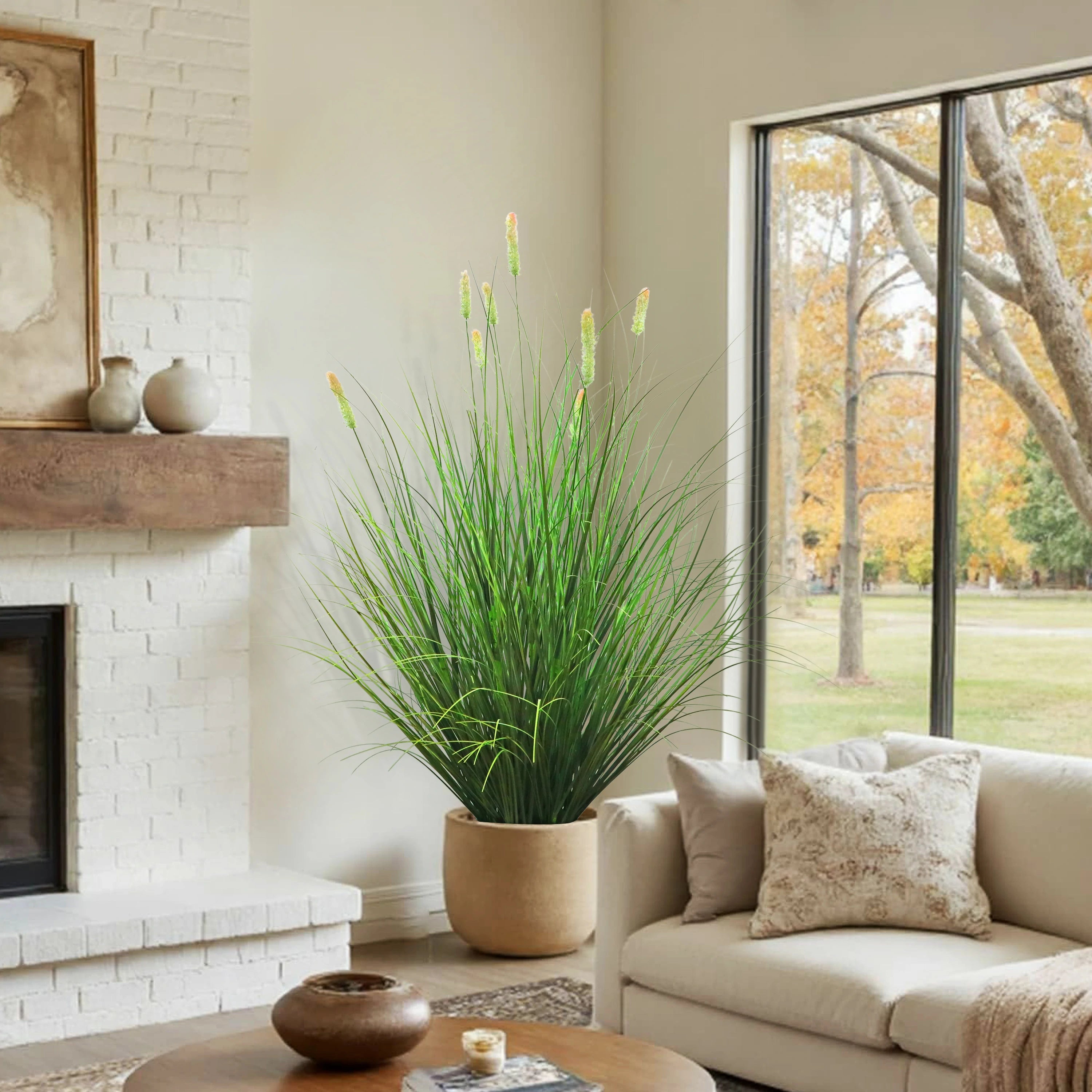 Artificial 8-Head Short Pine Grass with Curved Onion Grass Bonsai 43"H