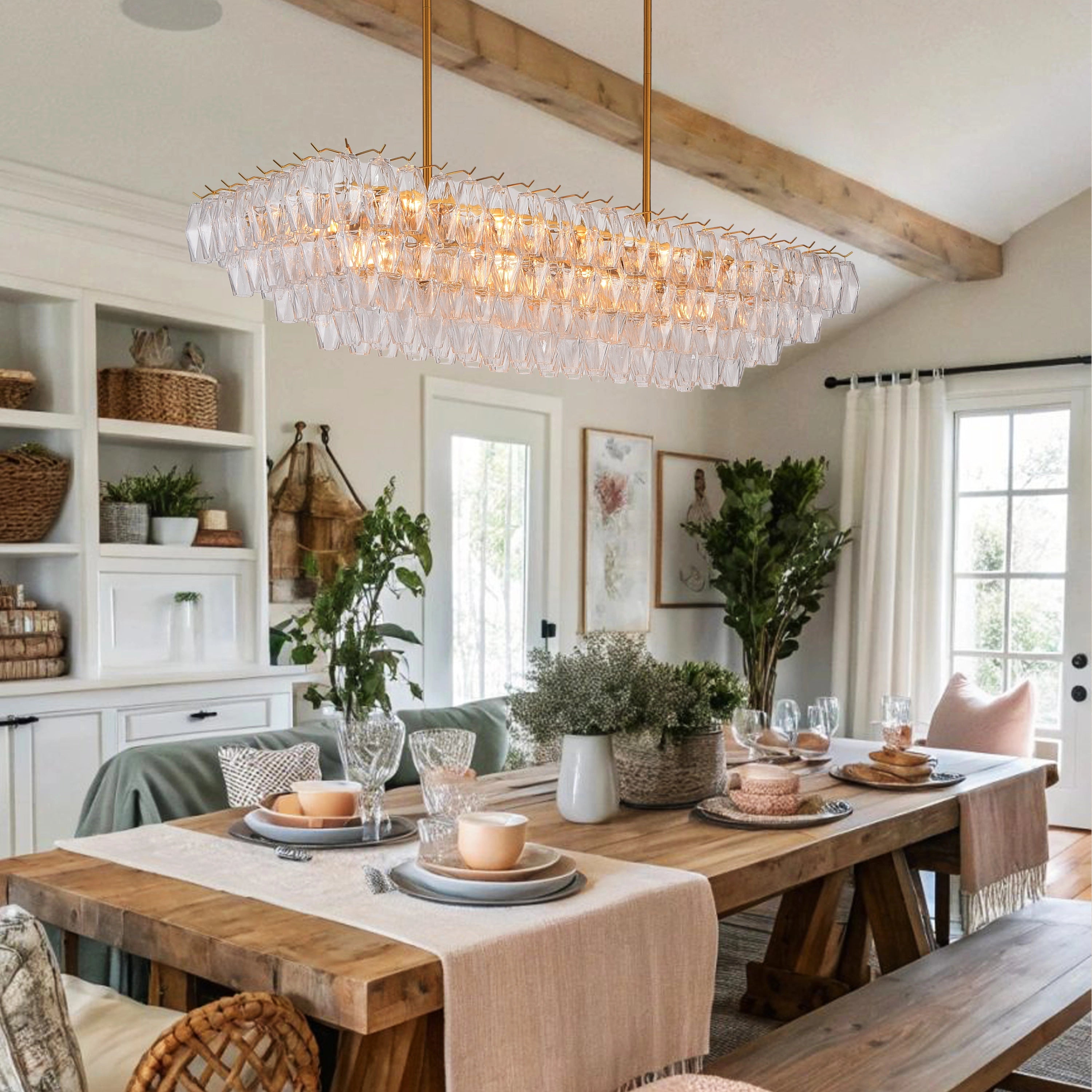 Celestial Drop Muti-Tier Rectangle Crystal Glass Chandelier 54"W