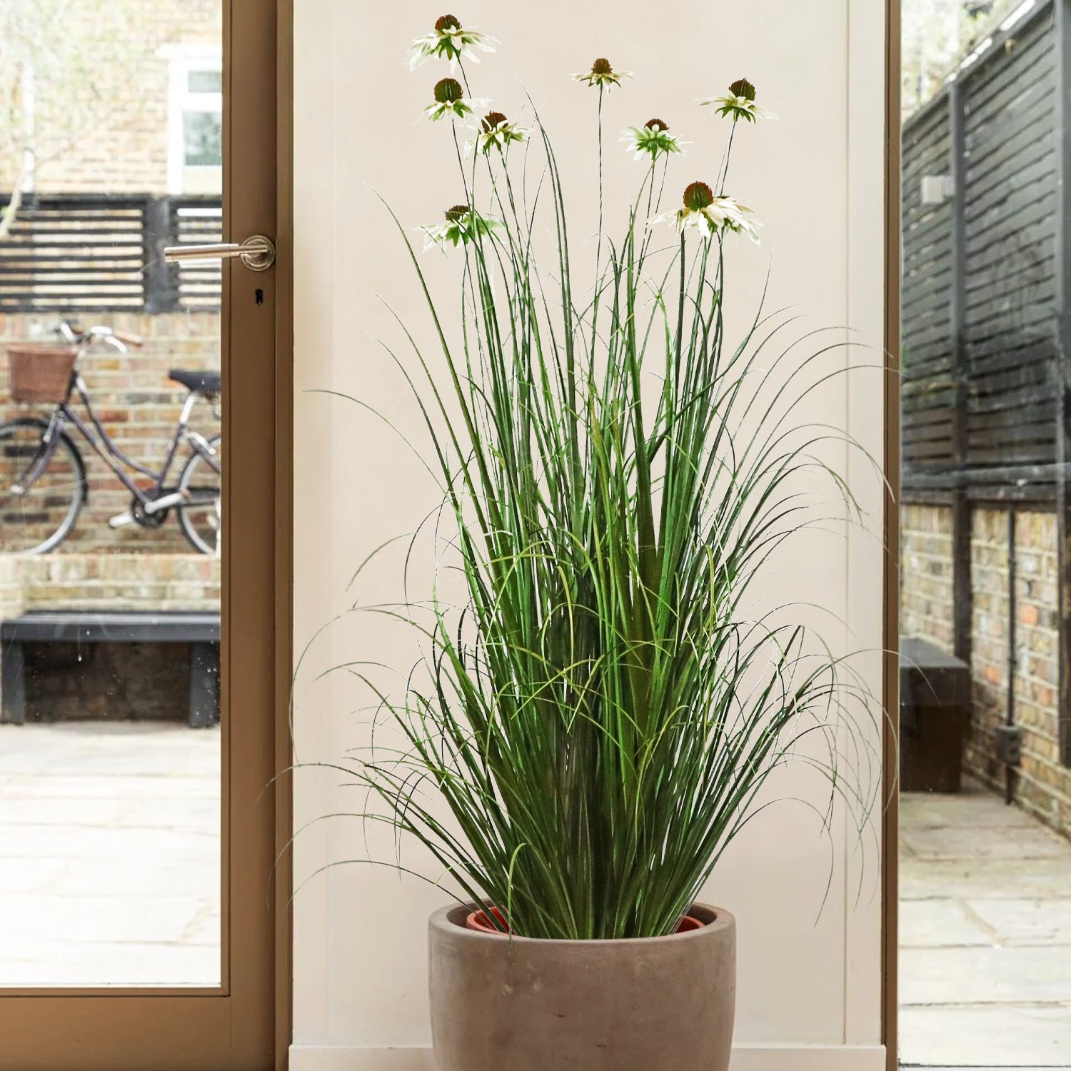 Artificial 9-Head Chrysanthemum with Curved Onion Grass Bonsai 55"H