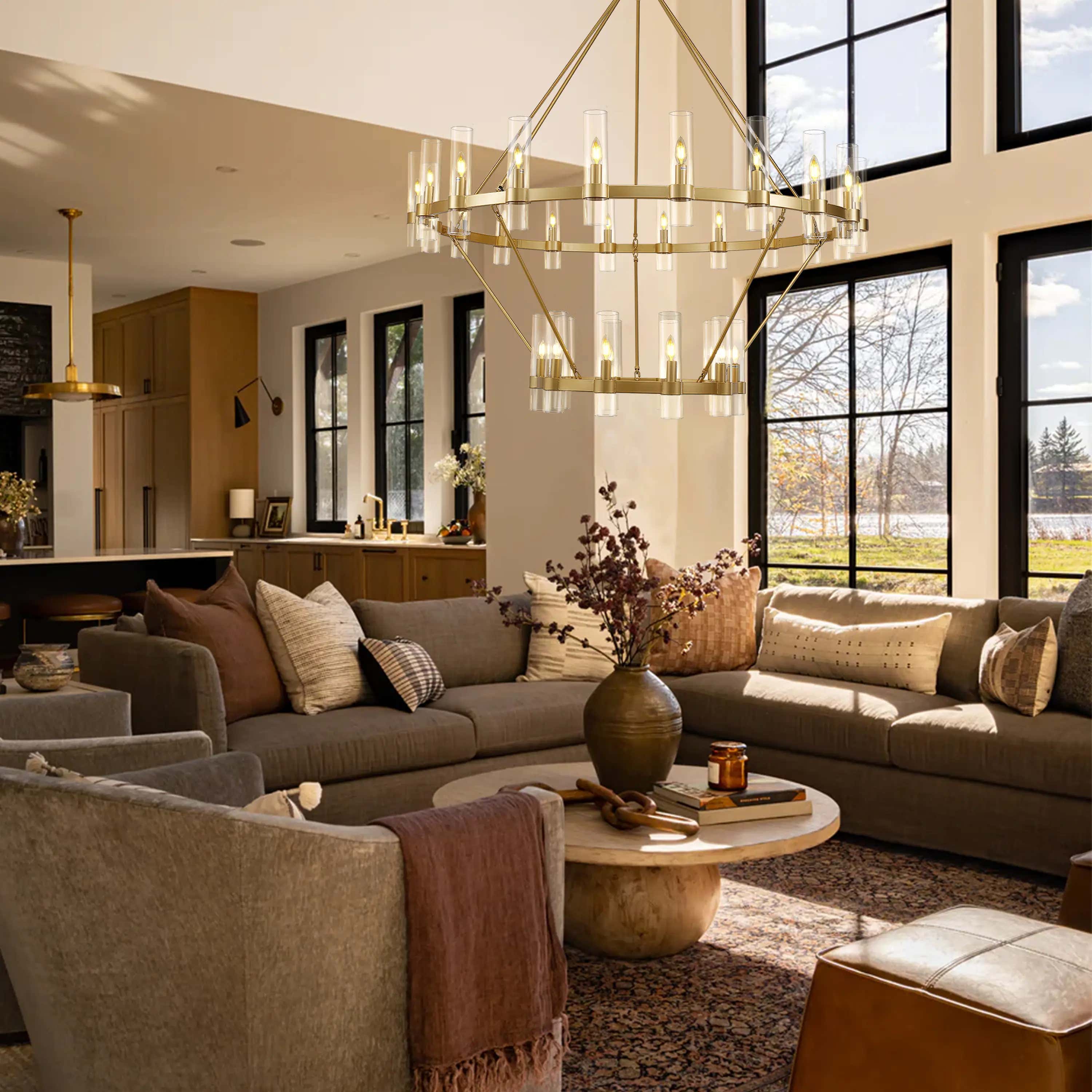 Cylora Glass Tube 2-Tier Round Chandelier 60"D#Finish_Gold