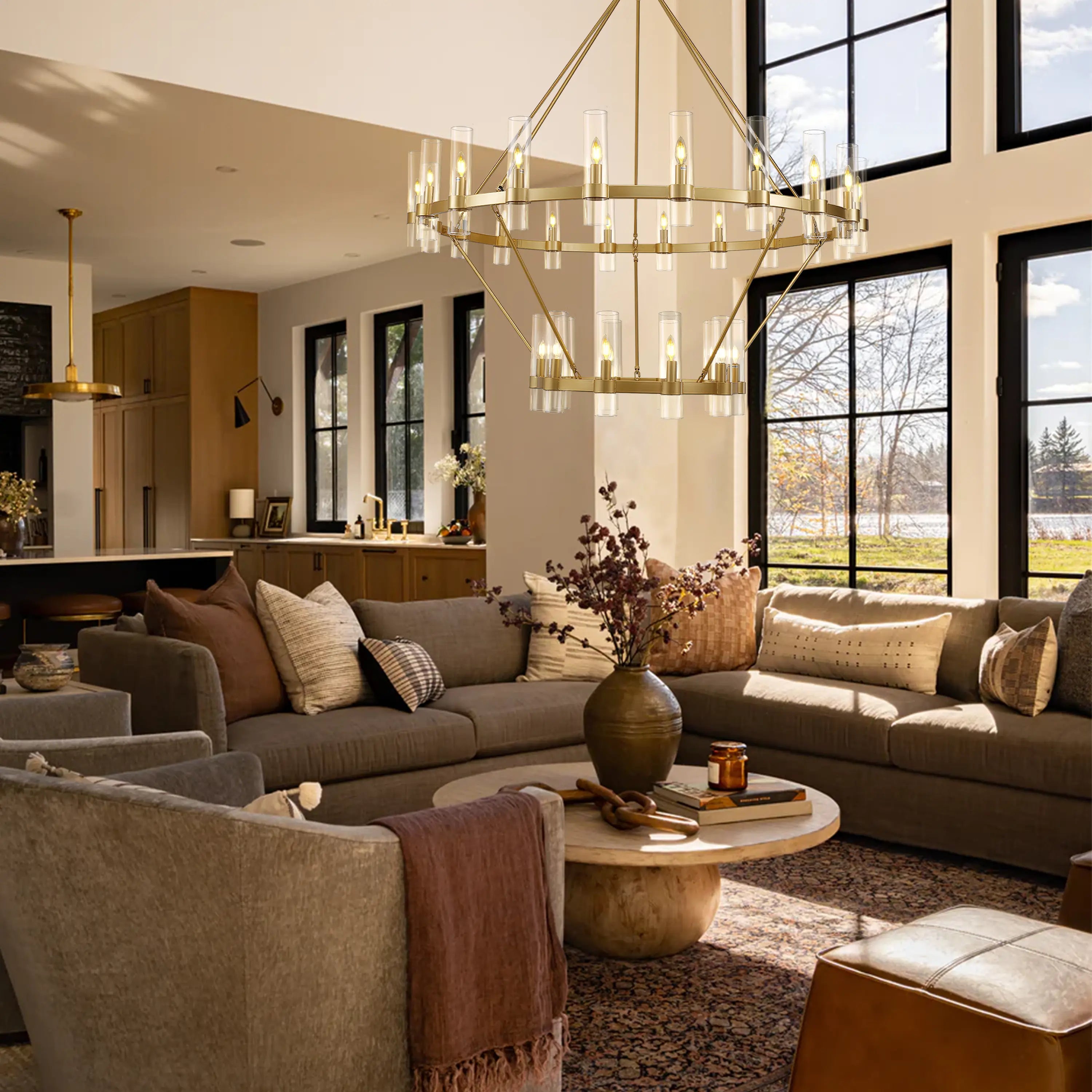 Cylora Glass Tube 2-Tier Round Chandelier 60"D#Finish_Gold