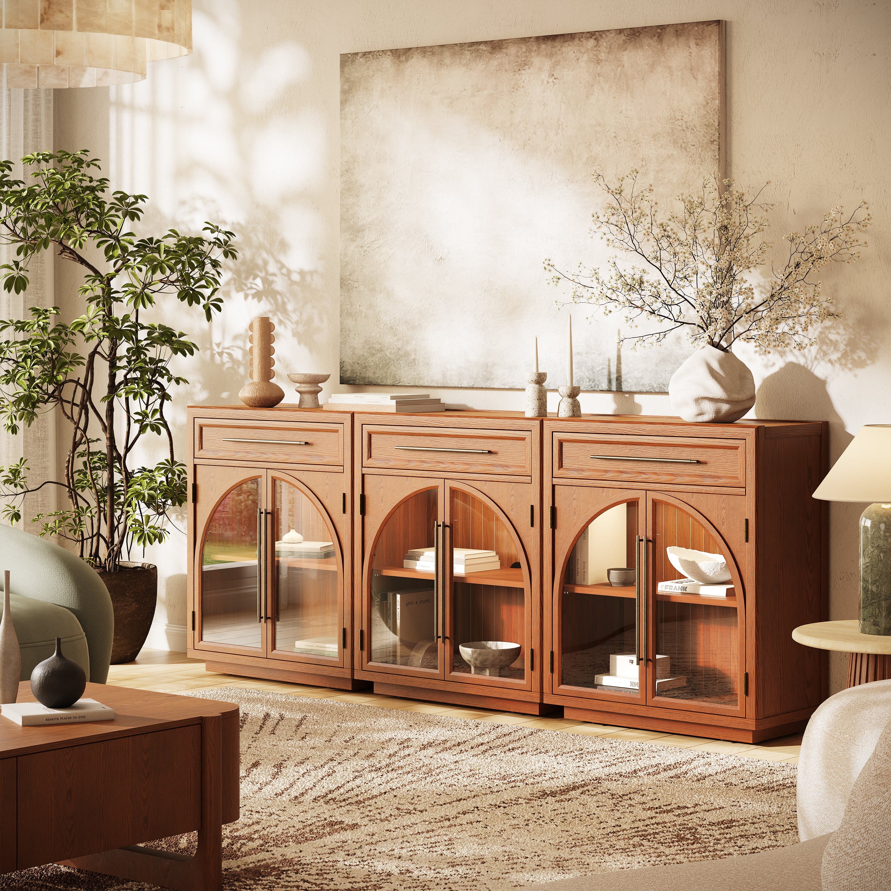 Alvar Arched 94.5" Oak Sideboard with Drawers(Set of 3)