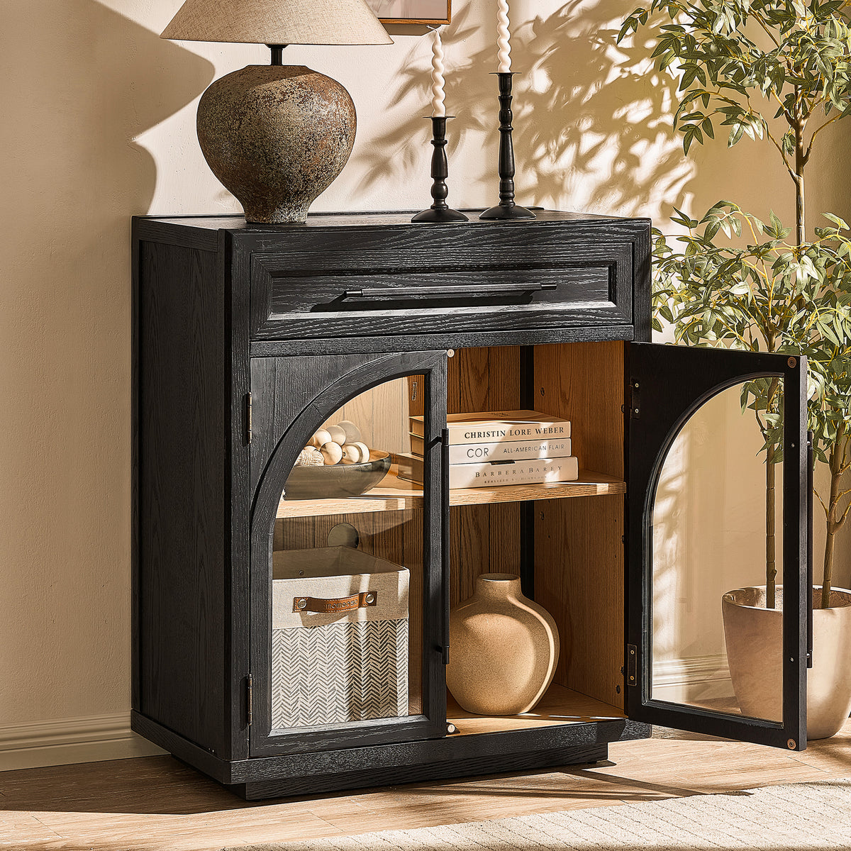 Alvar Arched 30" Oak Storage Cabinet with Drawers
