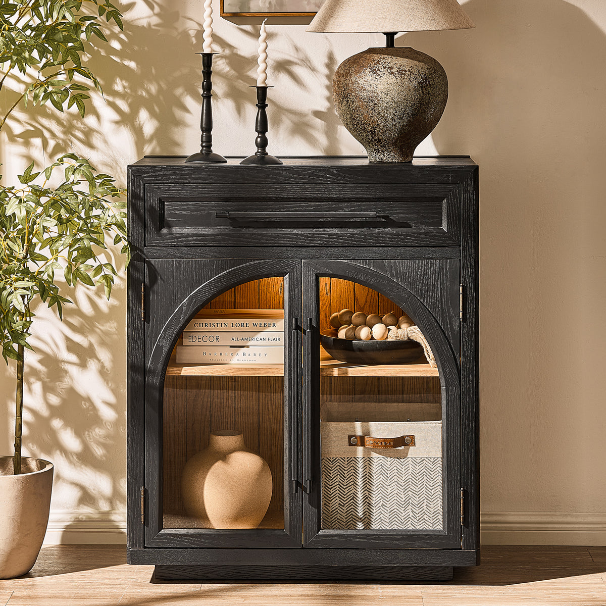 Alvar Arched 30" Oak Storage Cabinet with Drawers