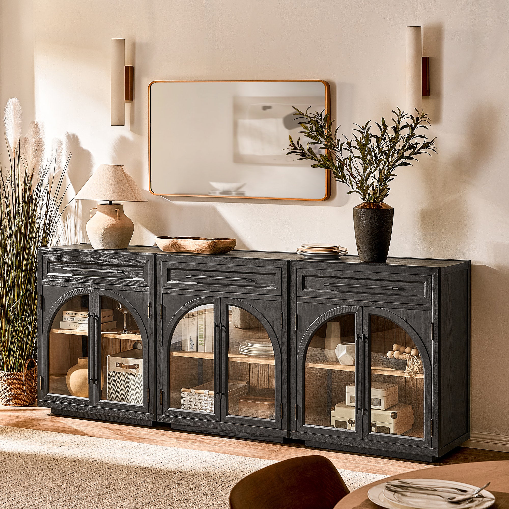 Alvar Arched 96" Oak Sideboard with Drawers(Set of 3)
