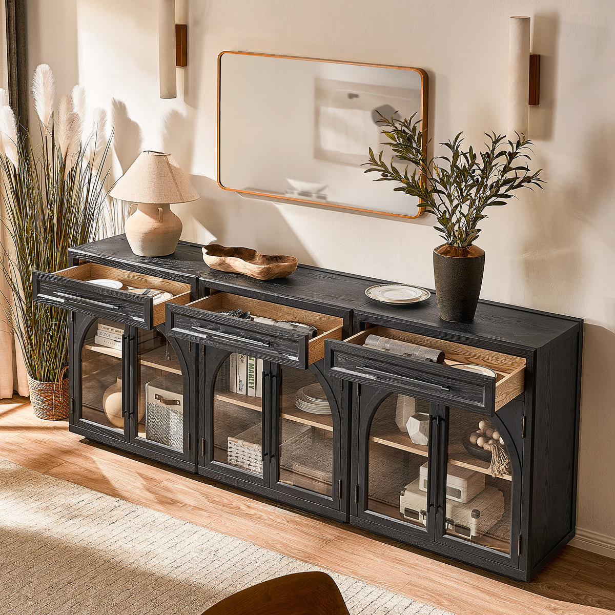 Alvar Arched 91" Oak Sideboard with Drawers(Set of 3)