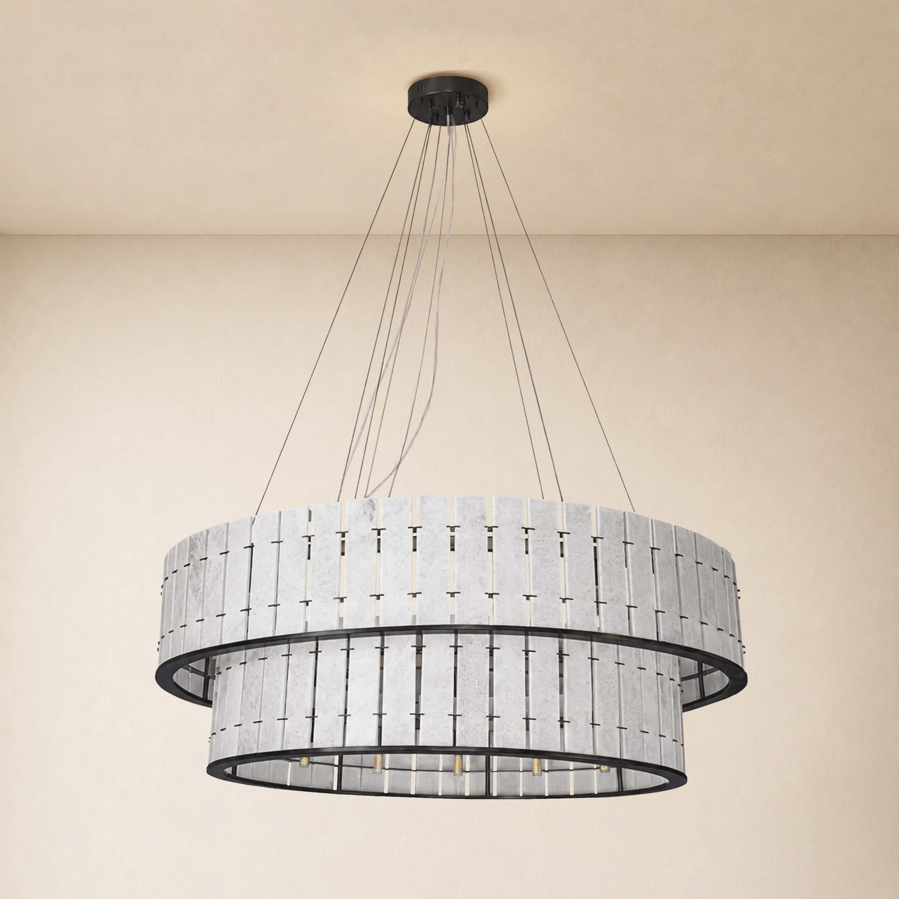 Pietra White Alabaster Tiered Drum Chandelier 33.4"D