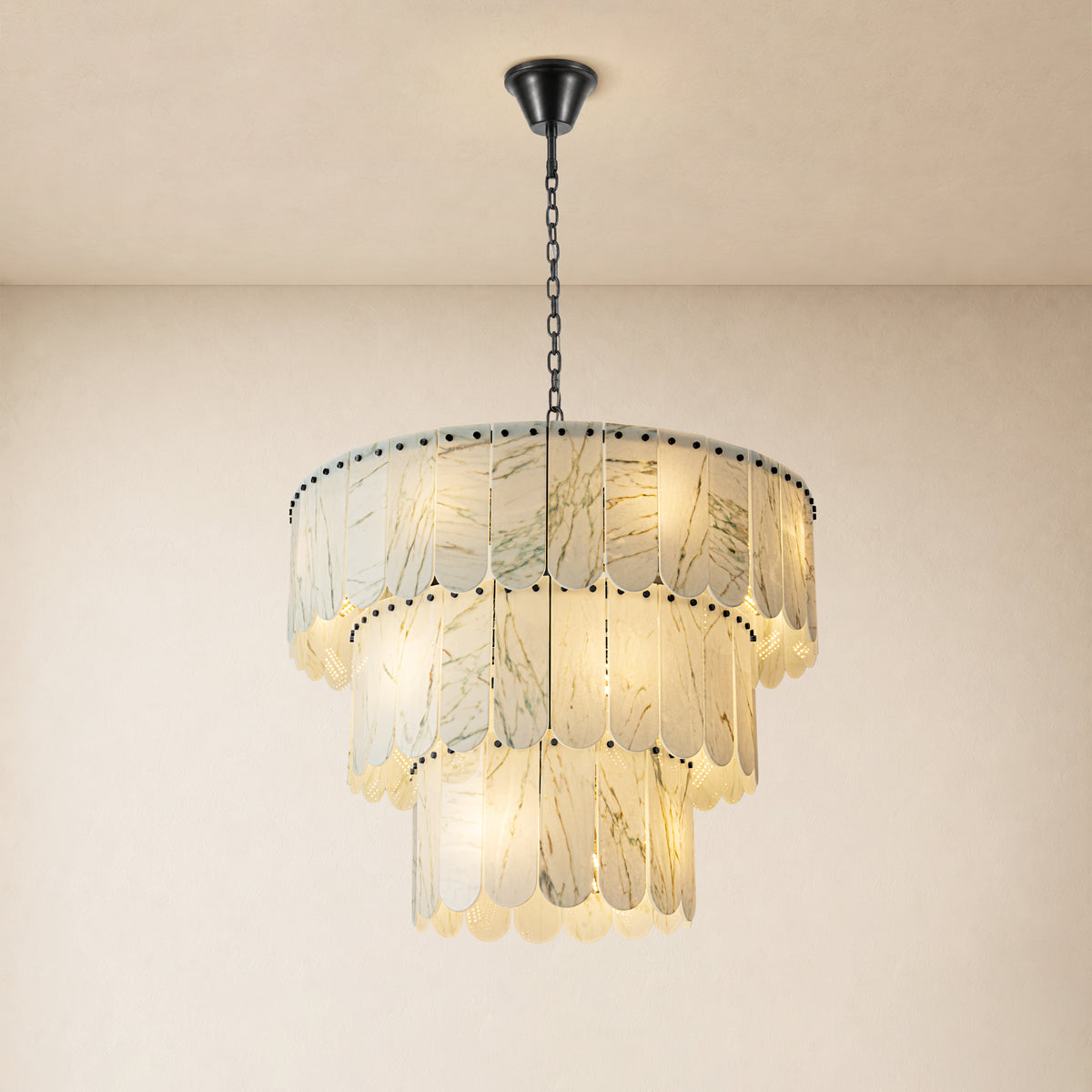 Pietra Willow White Marble Tiered Drum Chandelier 33.4"D