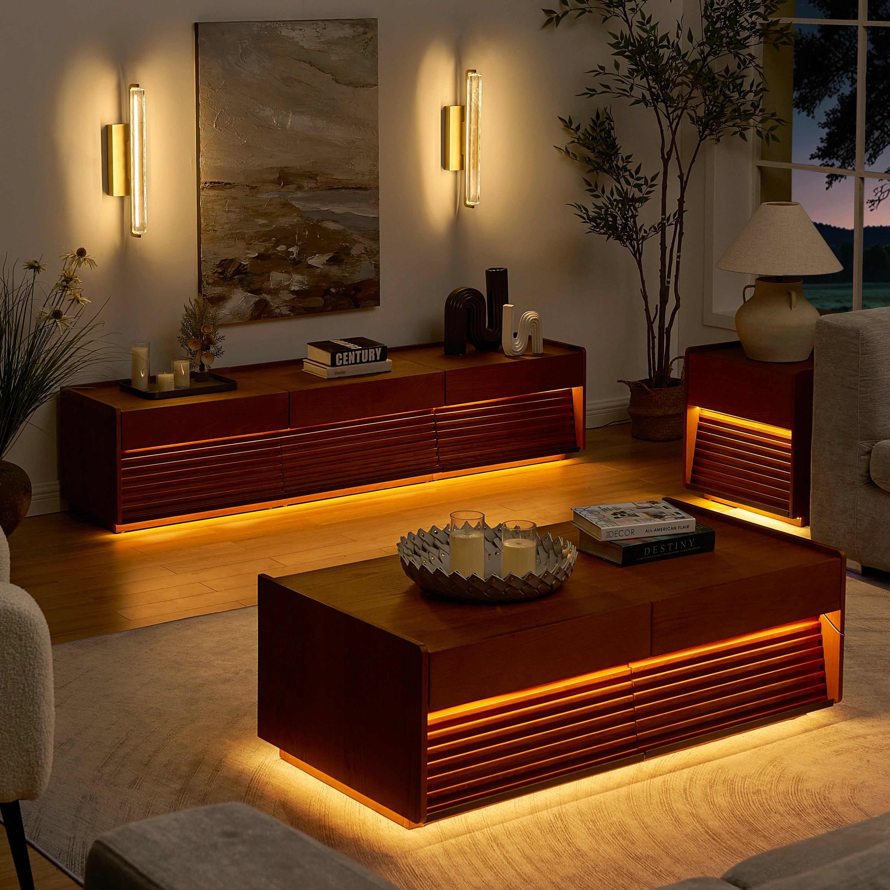 Devon Oak Media Console And Coffee Table Set