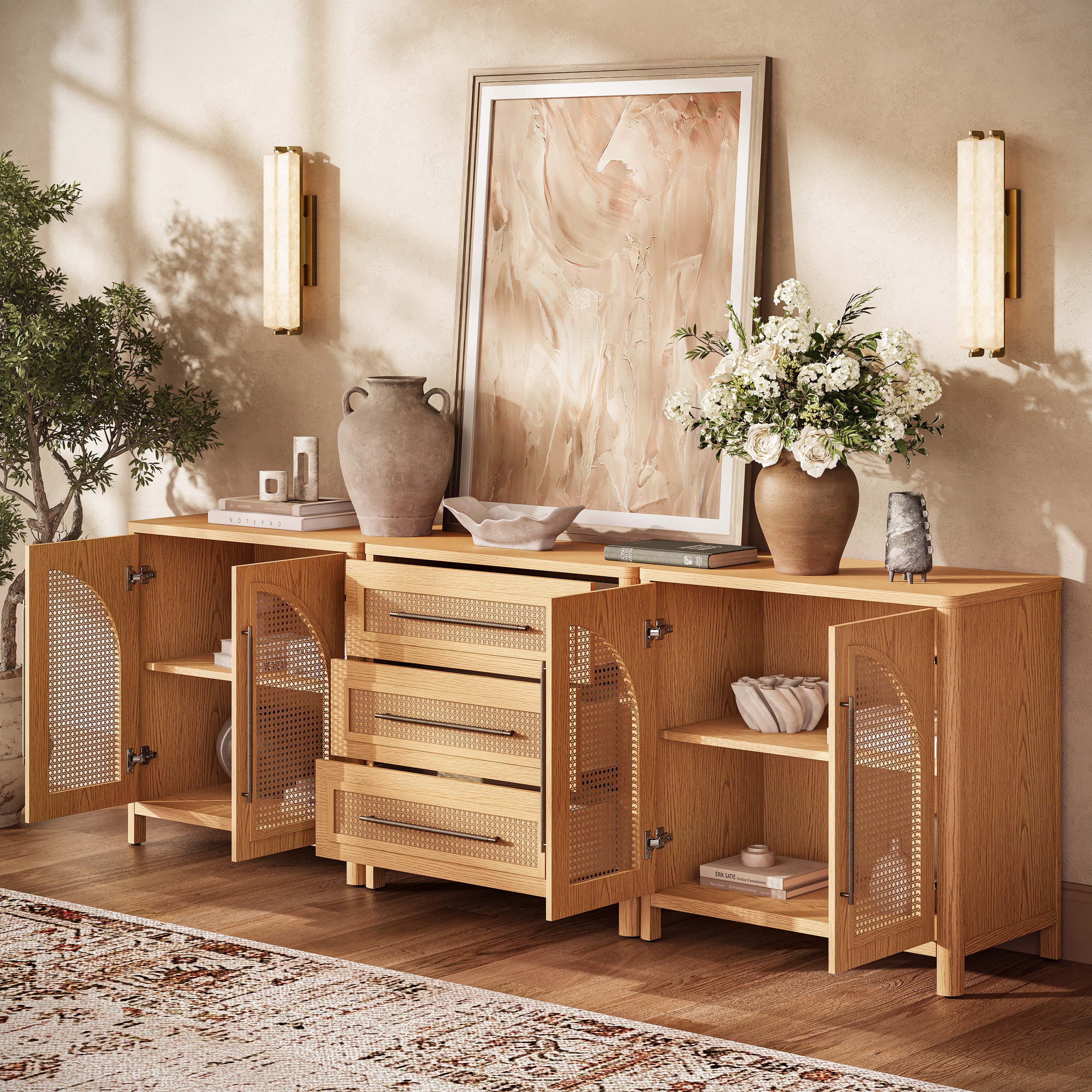 Arden Cane 94.5″ Oak Modular Media Console(Set of 3)