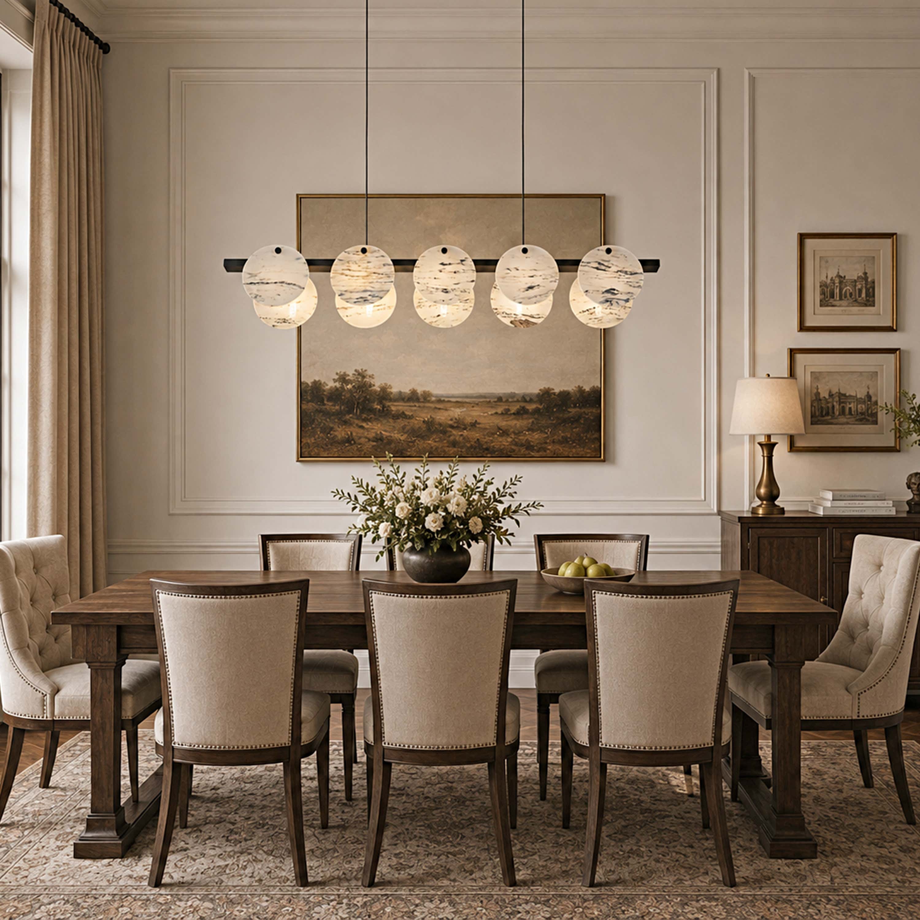 Pietra White Alabaster Round Disc Linear Chandelier 39.3"W