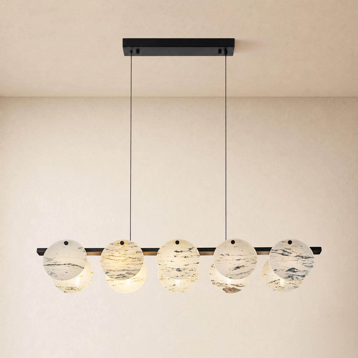 Pietra White Ink Marble Round Disc Linear Chandelier 39.3"W