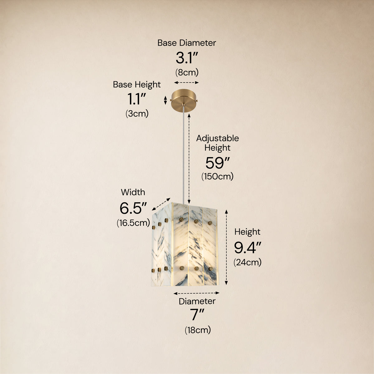 Pietra White Ink Marble Box Pendant 6.6"W