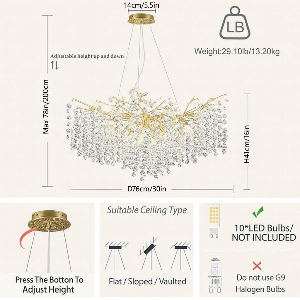 Lustre Branches Crystal Round Chandelier for All Rooms 30"