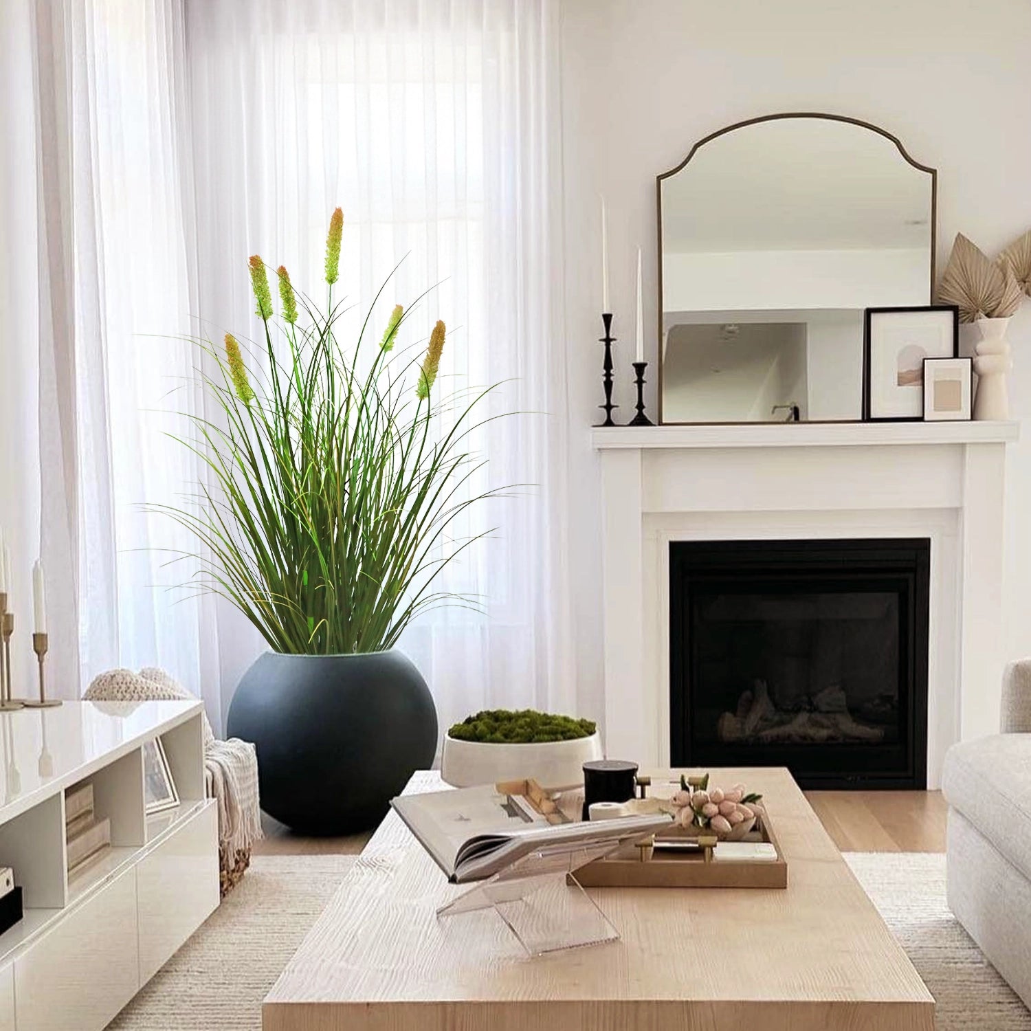 Artificial 6-Head Short Pine Grass with Curved Onion Grass Bonsai 30"H