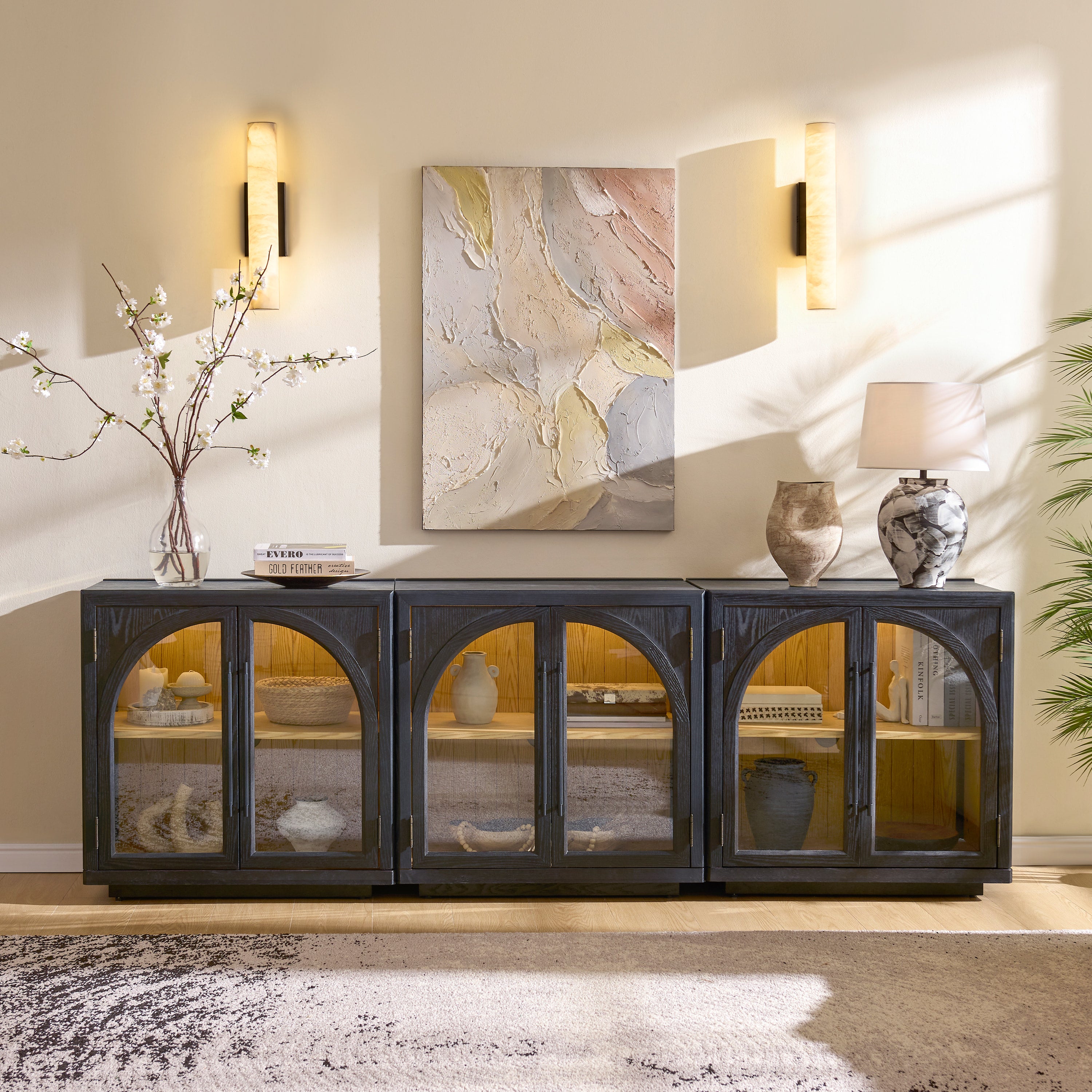 Alvar Arched 94.5″ Oak Media Console(Set of 3)