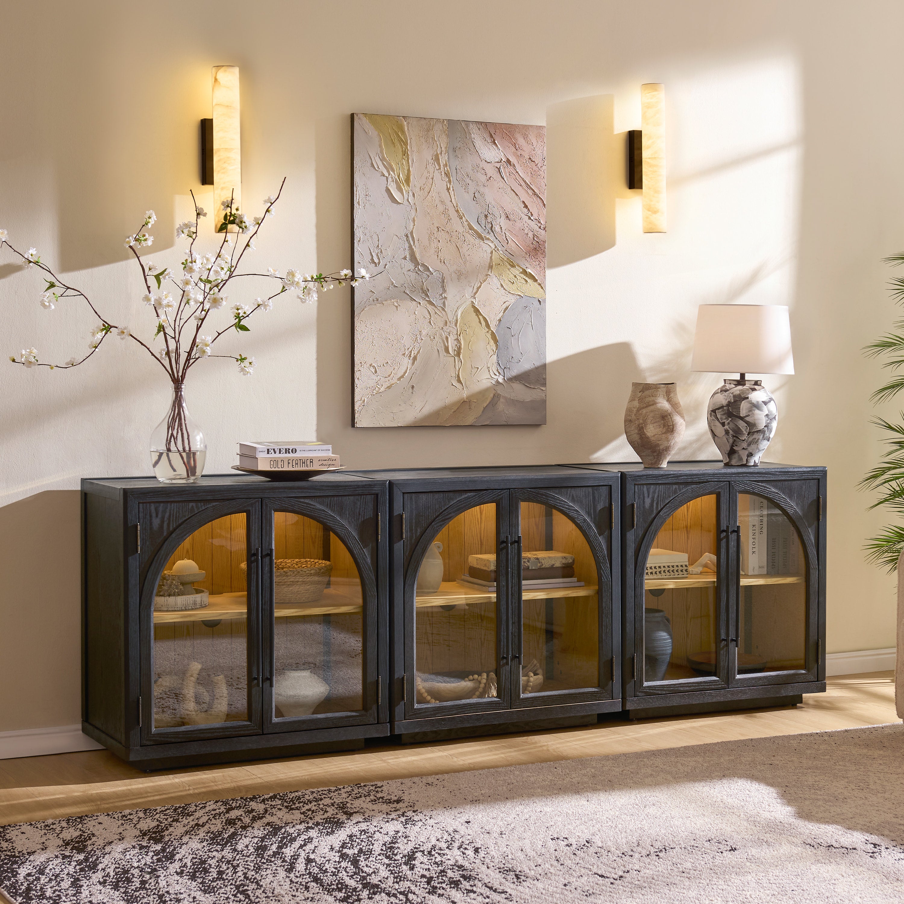 Alvar Arched 95″ Oak Media Console(Set of 3)