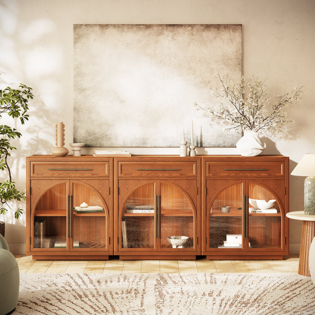 Alvar Arched 91" Oak Sideboard with Drawers(Set of 3)