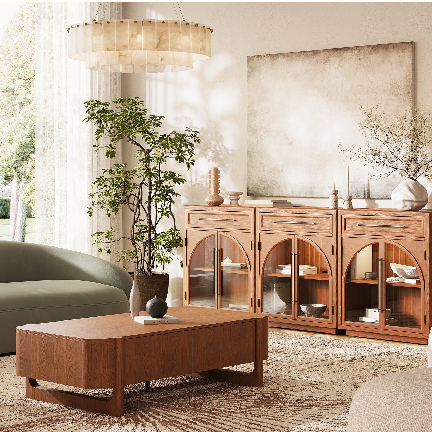 Alvar Arched 62.9" Oak Sideboard with Drawers(Set of 2)