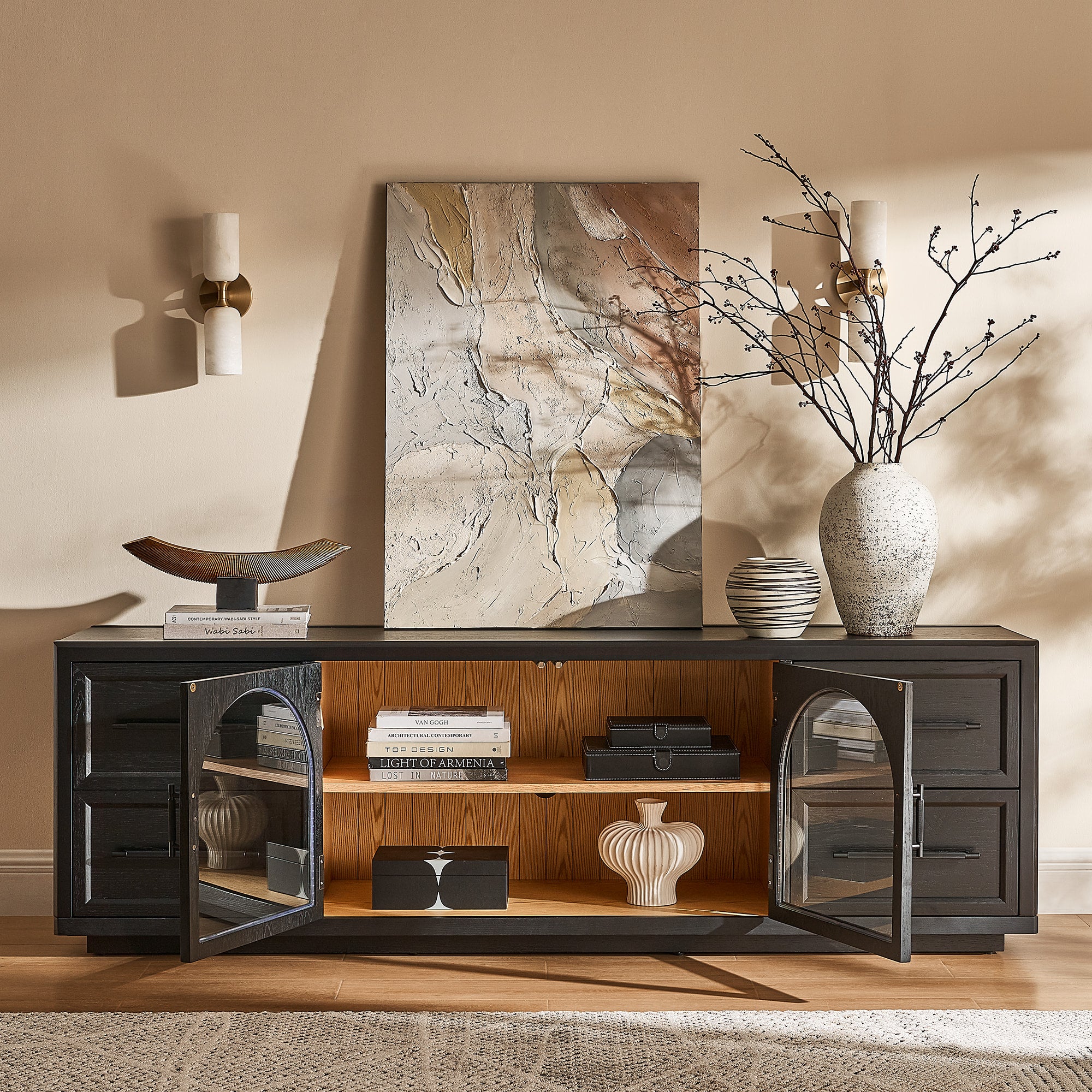Alvar Oak Media Console and Sideboard Set