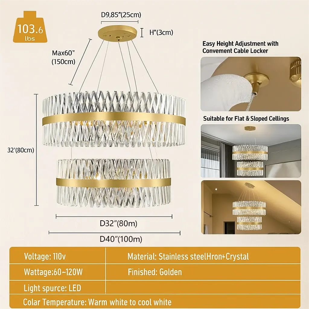 Vetro Prism Crystal 2-Tier Round Chandelier 40"D+31.5"D