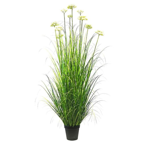 Artificial 10-Head Lace Flower with Curved Onion Grass Bonsai 9"H