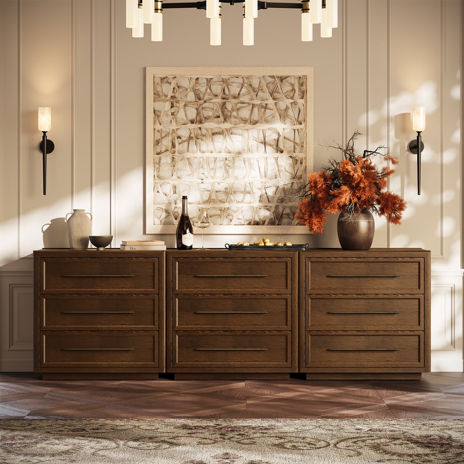 Alvar 95″ Oak 9-Drawer Chest(Set of 3)