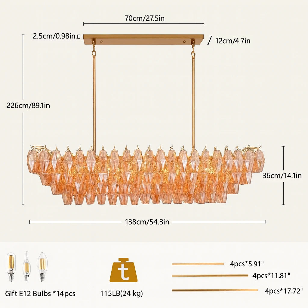 Celestial Drop Muti-Tier Rectangle Crystal Glass Chandelier 54"W