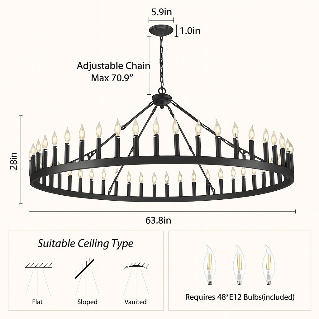 Wagon Wheel Candle Round Chandelier 64"