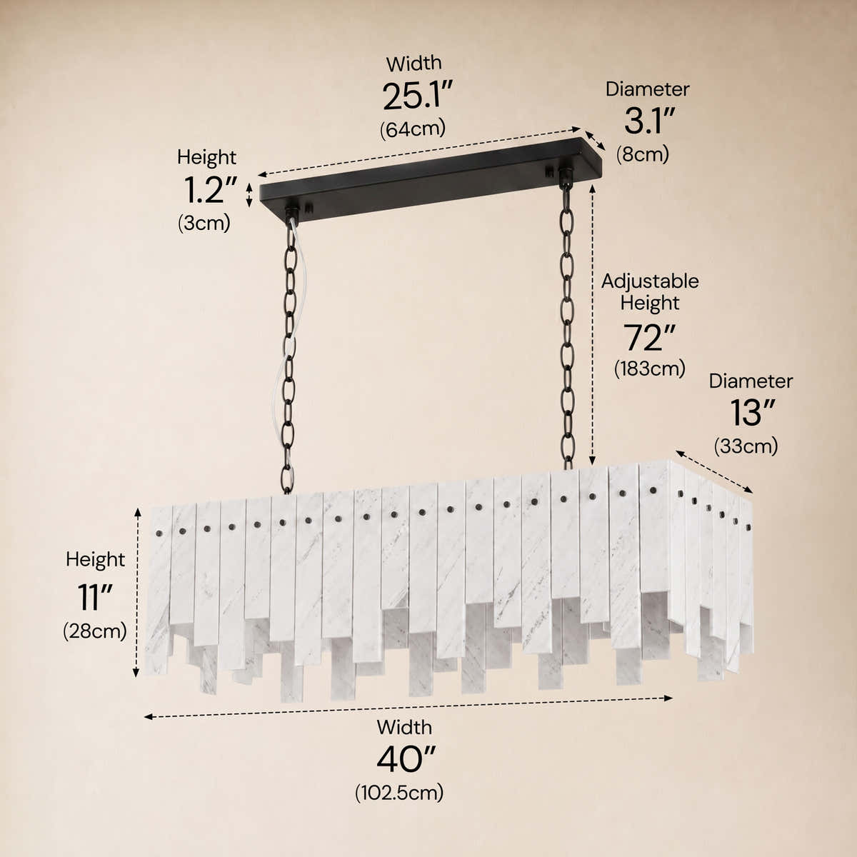 Pietra Porcelain White Marble Rectangular Chandelier 36" 40"W dimensions 6