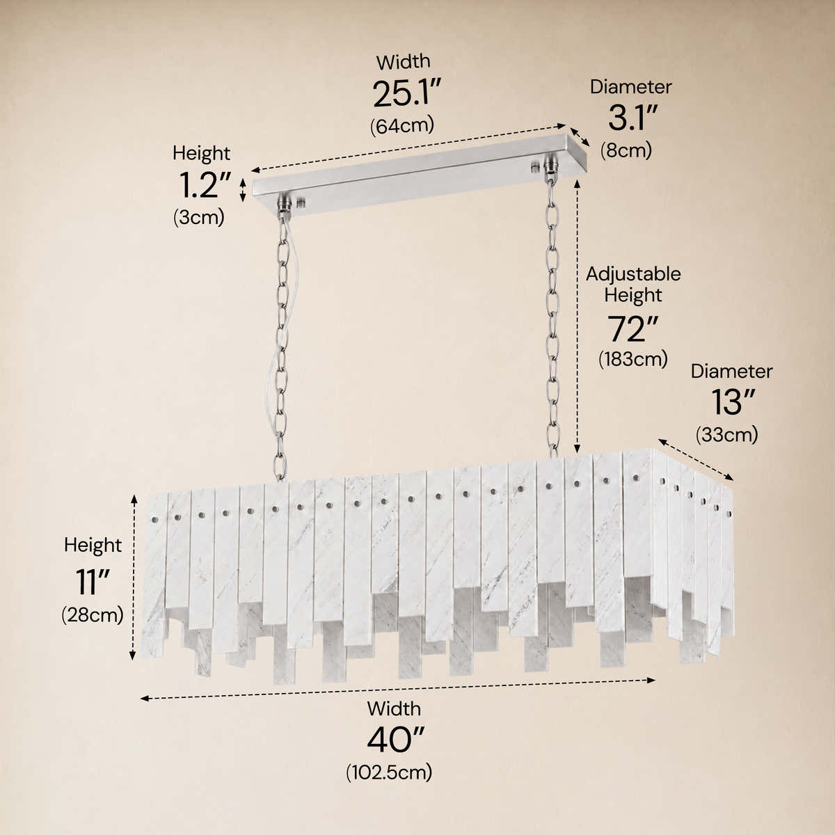 Pietra Porcelain White Marble Rectangular Chandelier 36" 40"W dimensions 4