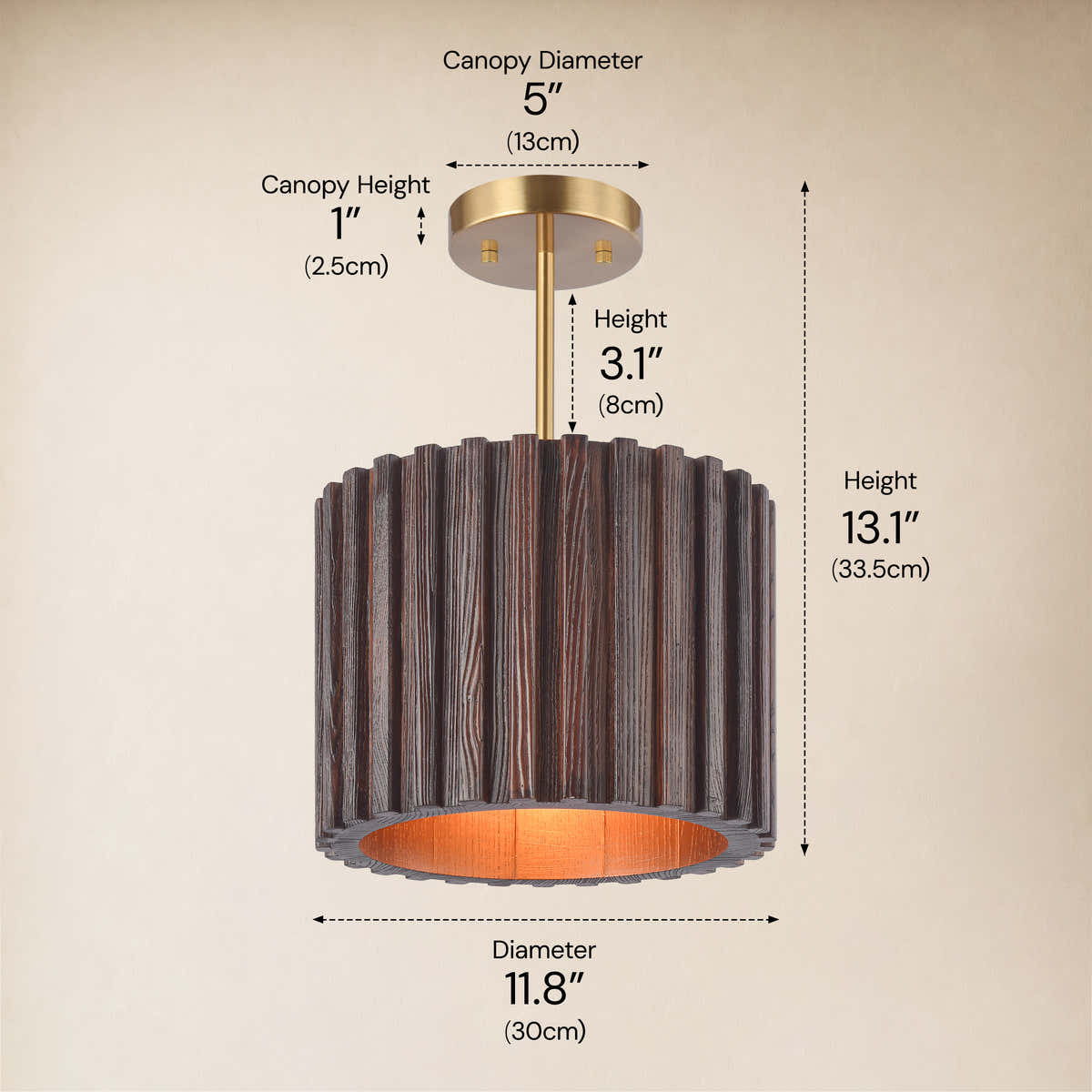 Virelune Wood Fluted Round Ceiling Light 11.8"D #Size_11.8",Mounting-Style_Semi-Flush-Mount dimensions 1