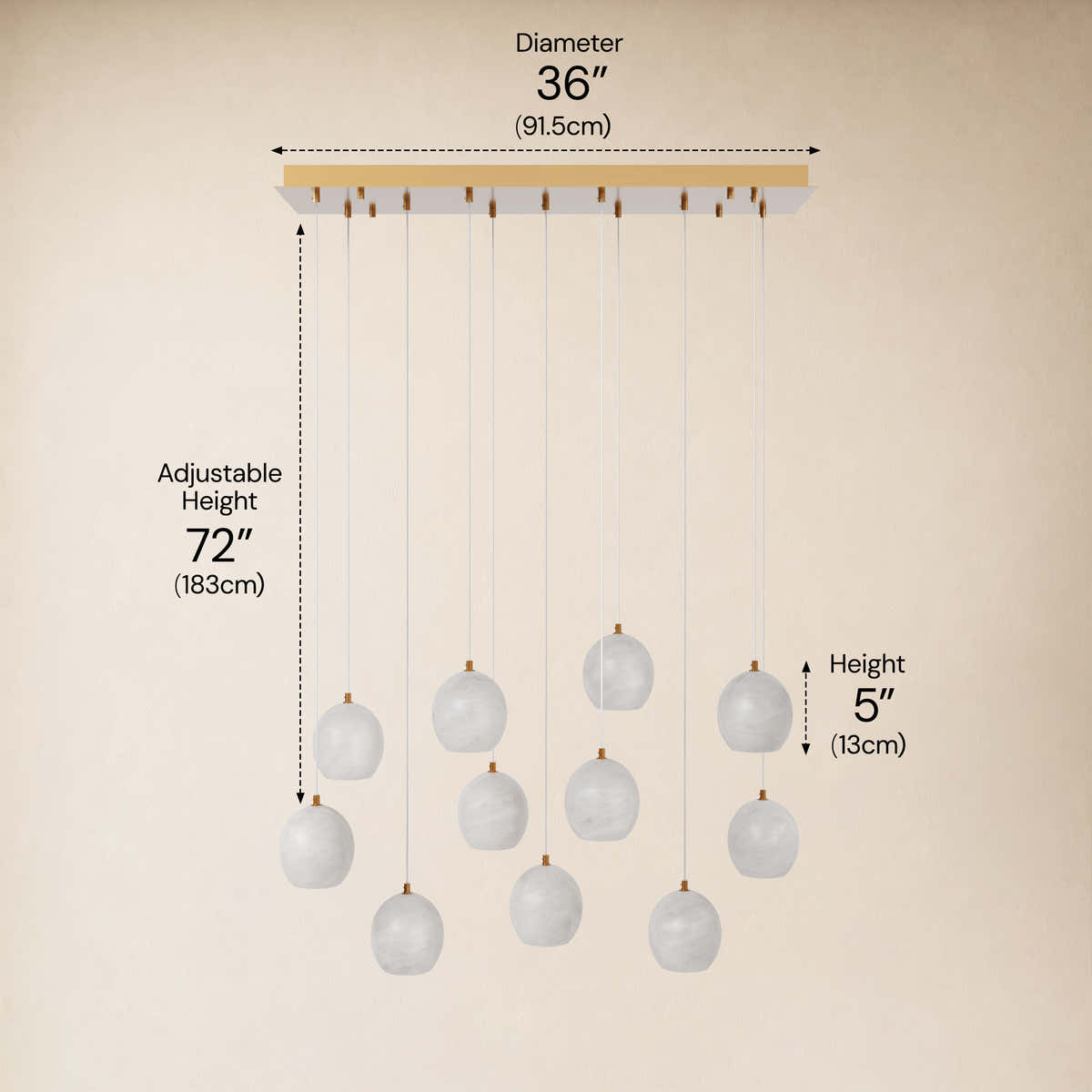 Quorvyn Resin Globe Linear Chandelier #Finish_Gold,Lights_11-Lights dimensions 4