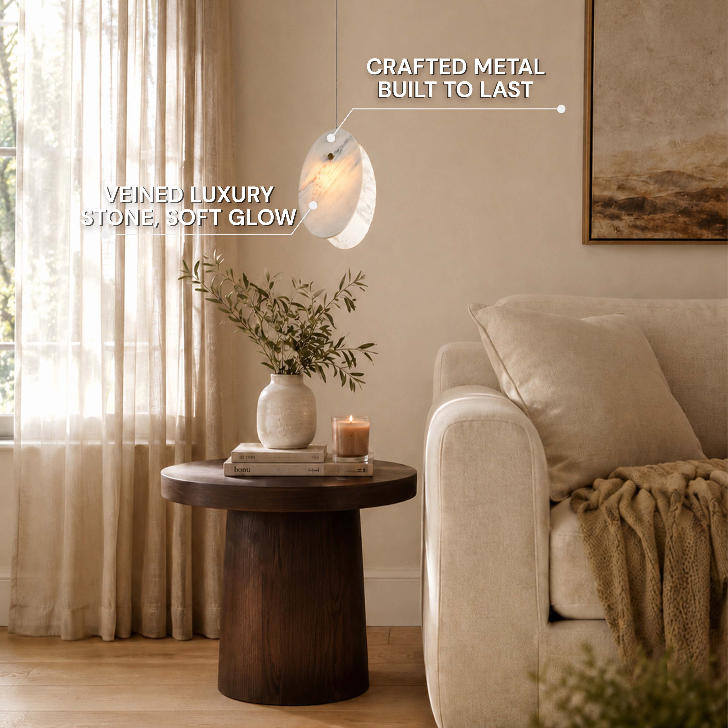 Pietra White Stone Oval Pendant 10"H