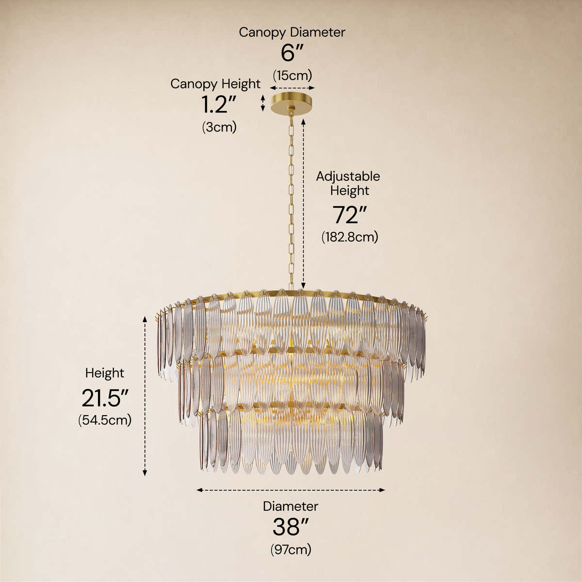 Ardelyne Glass Three-Tier Round Chandelier 26-38"D #Finish_Smoke-Gray,Size_38" dimensions 3