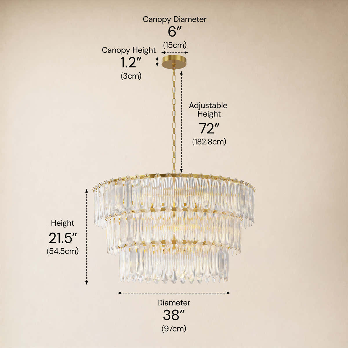 Ardelyne Glass Three-Tier Round Chandelier 26-38"D #Finish_Clear,Size_38" dimensions 4