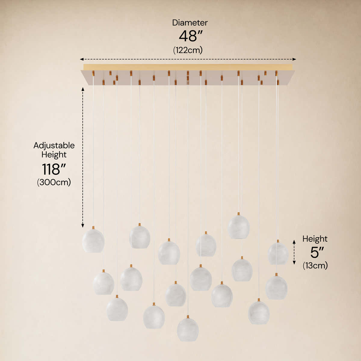 Quorvyn Resin Globe Linear Chandelier #Finish_Gold,Lights_17-Lights dimensions 5