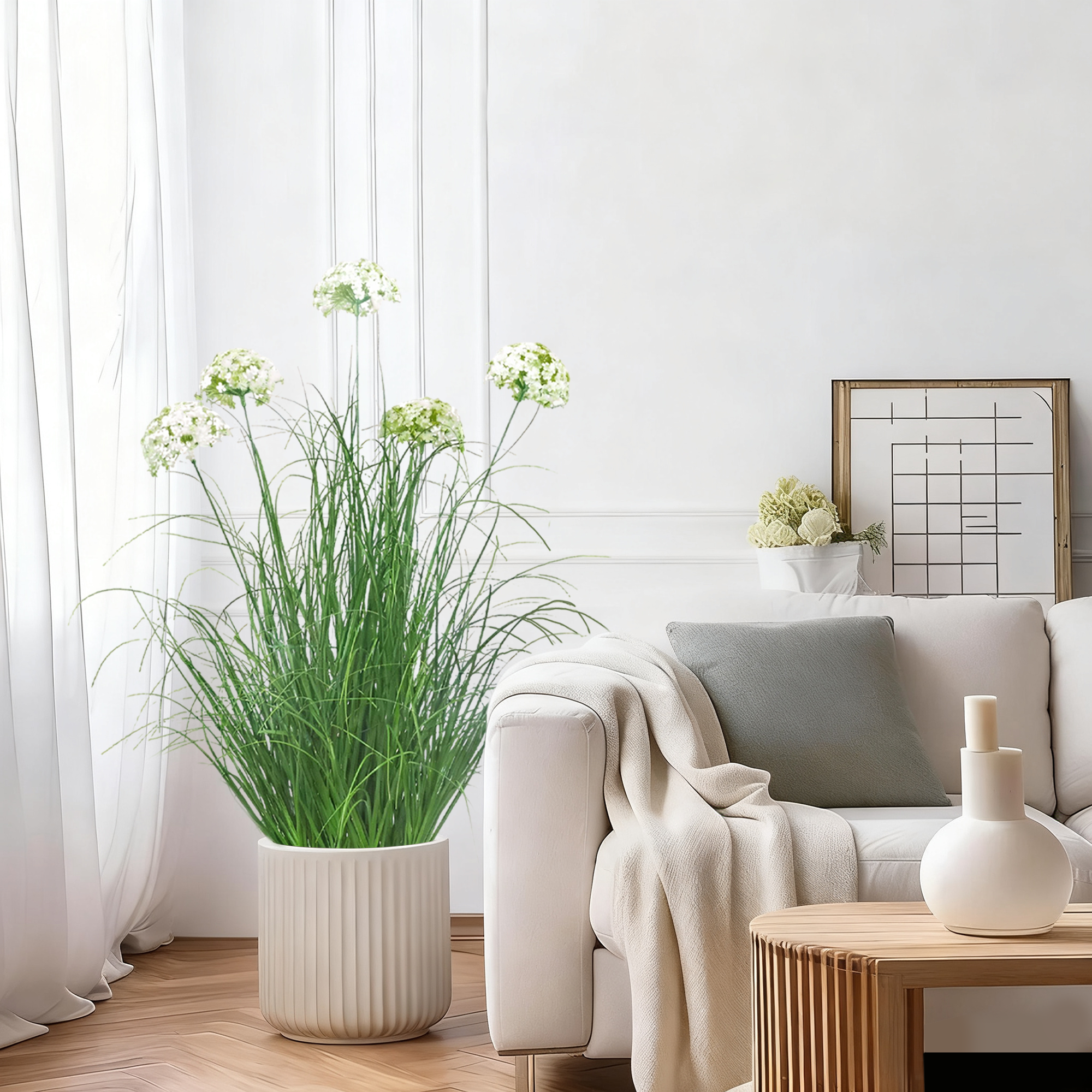 Artificial 5-Head Hydrangea with Curved Onion Grass Bonsai 35"H