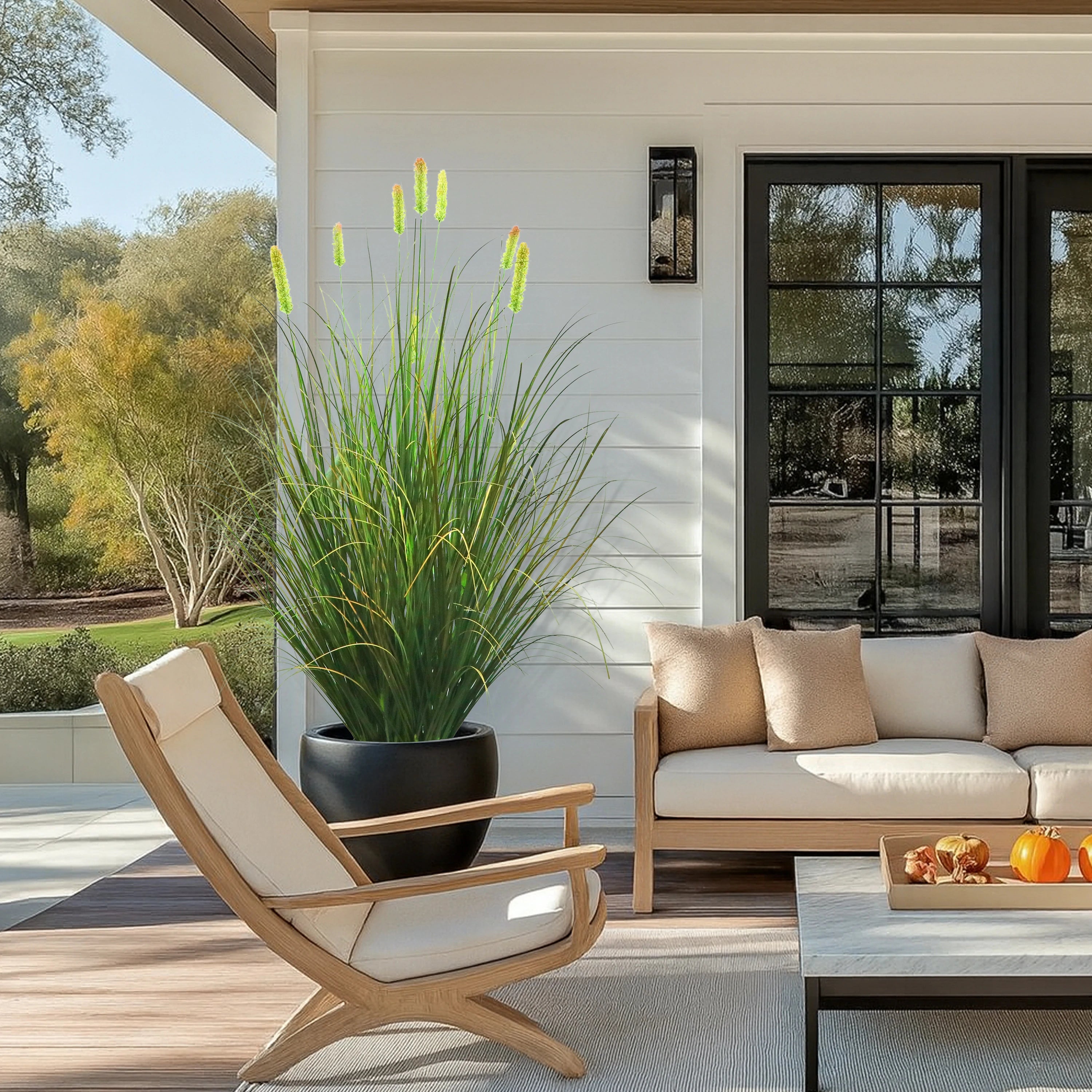 Artificial 8-Head Short Pine Grass with Curved Onion Grass Bonsai 43"H