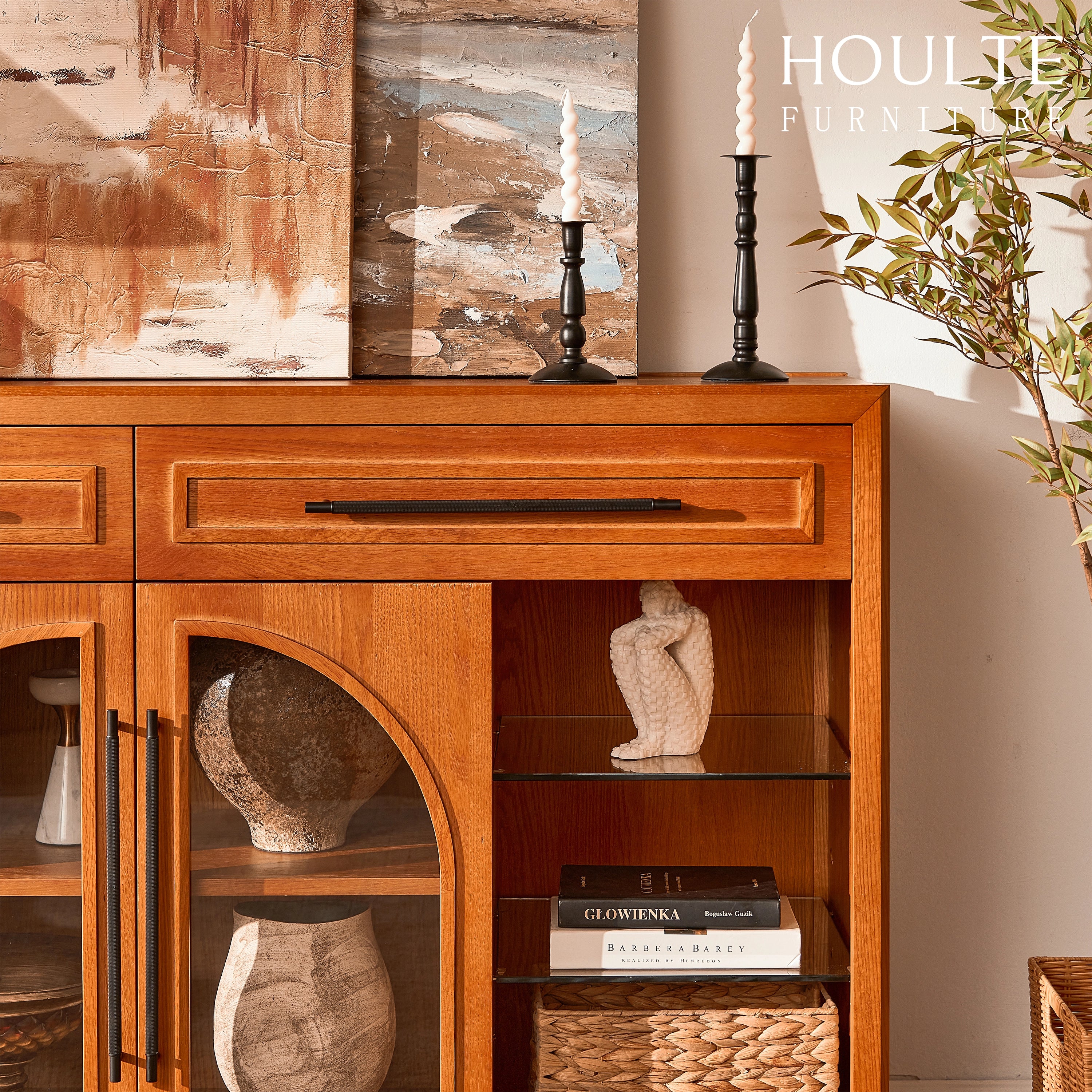 Alvar Oak Arched Glass Sideboard 63"W