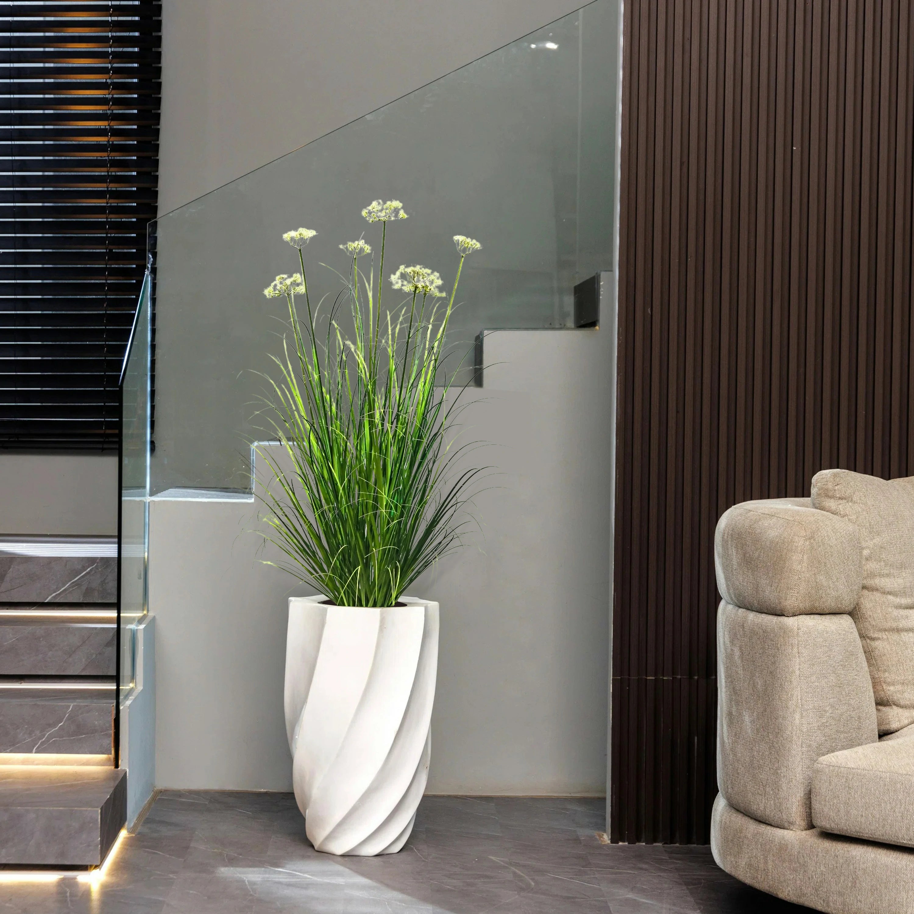 Artificial 7-Head Lace Flower with Curved Onion Grass Bonsai 55"H