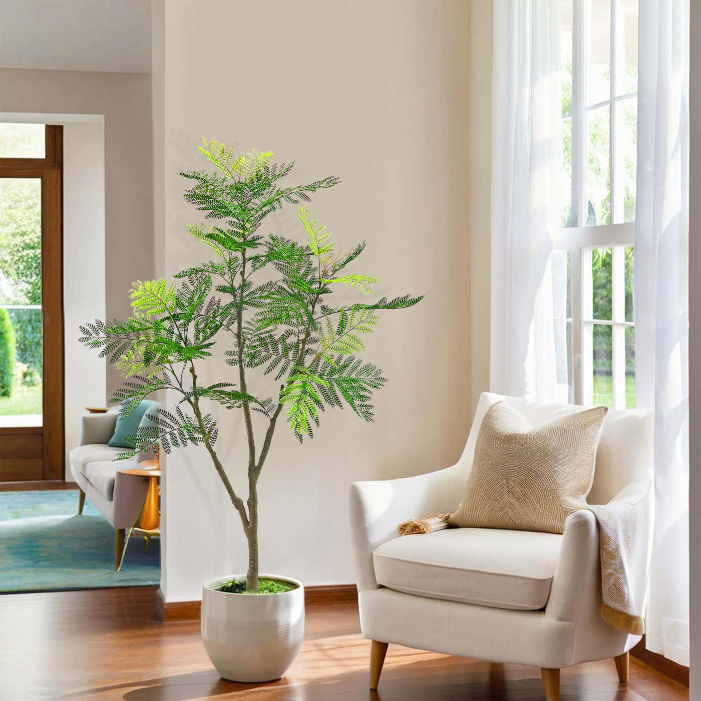 Artificial tree styled in a living room with soft natural light