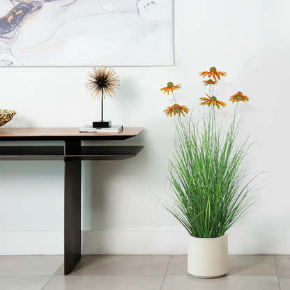Artificial 6-Head Chrysanthemum with Curved Onion Grass Bonsai 43"H