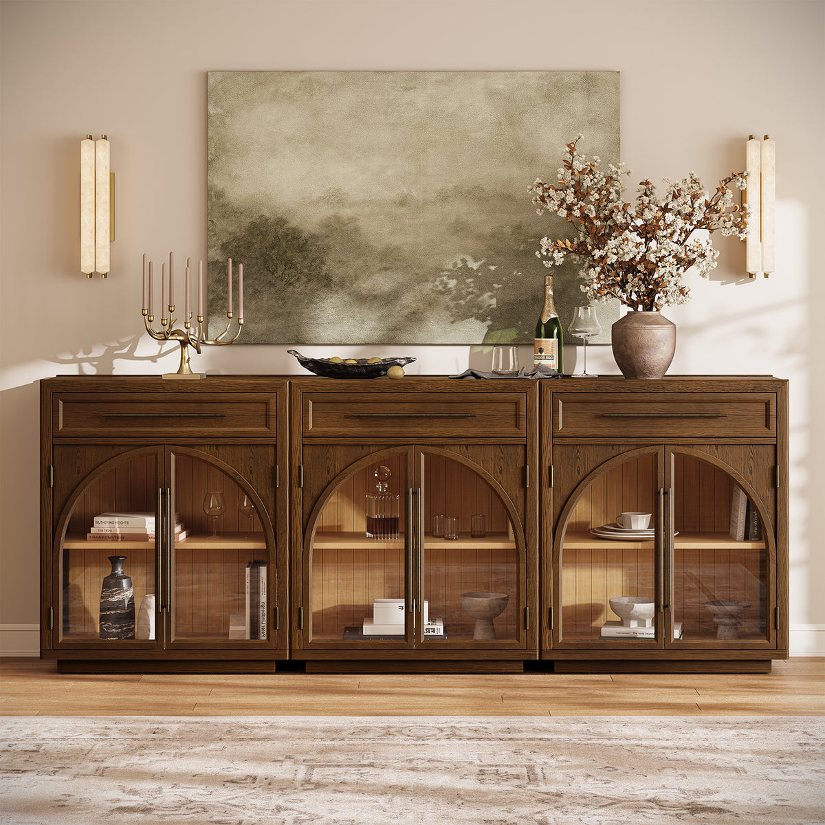 Alvar Arched 91" Oak Sideboard with Drawers(Set of 3)